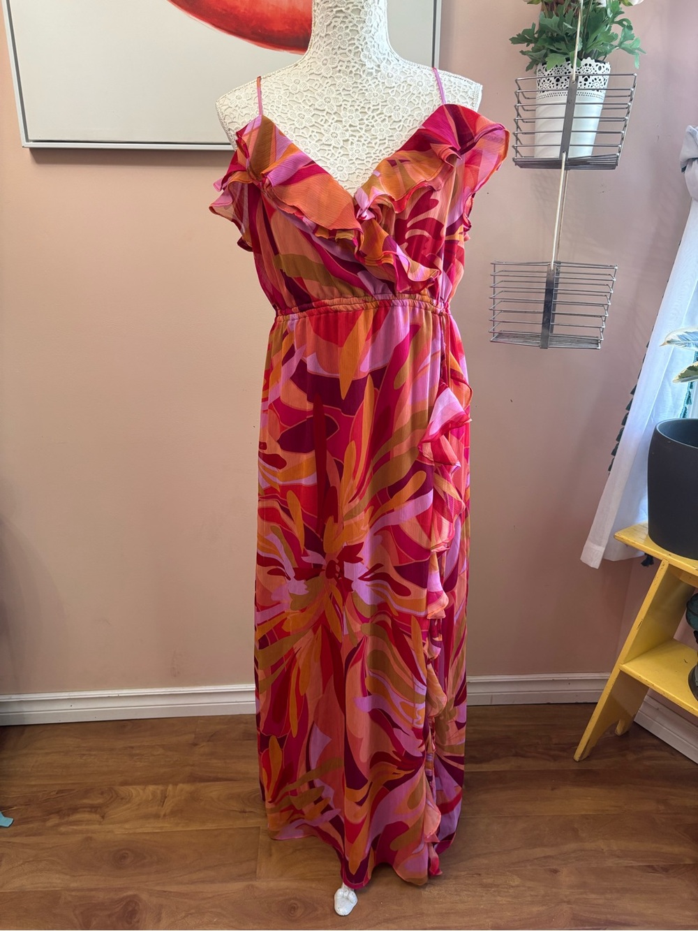 Sandra Darren Hot Pink & Orange Floral Ruffle Maxi Dress